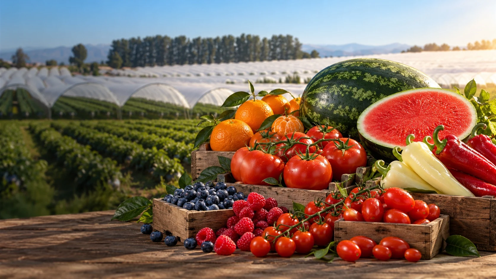 La gamme de fruits et légumes SunCrops : tomates, fruits rouges, pastèque, poivrons et agrumes